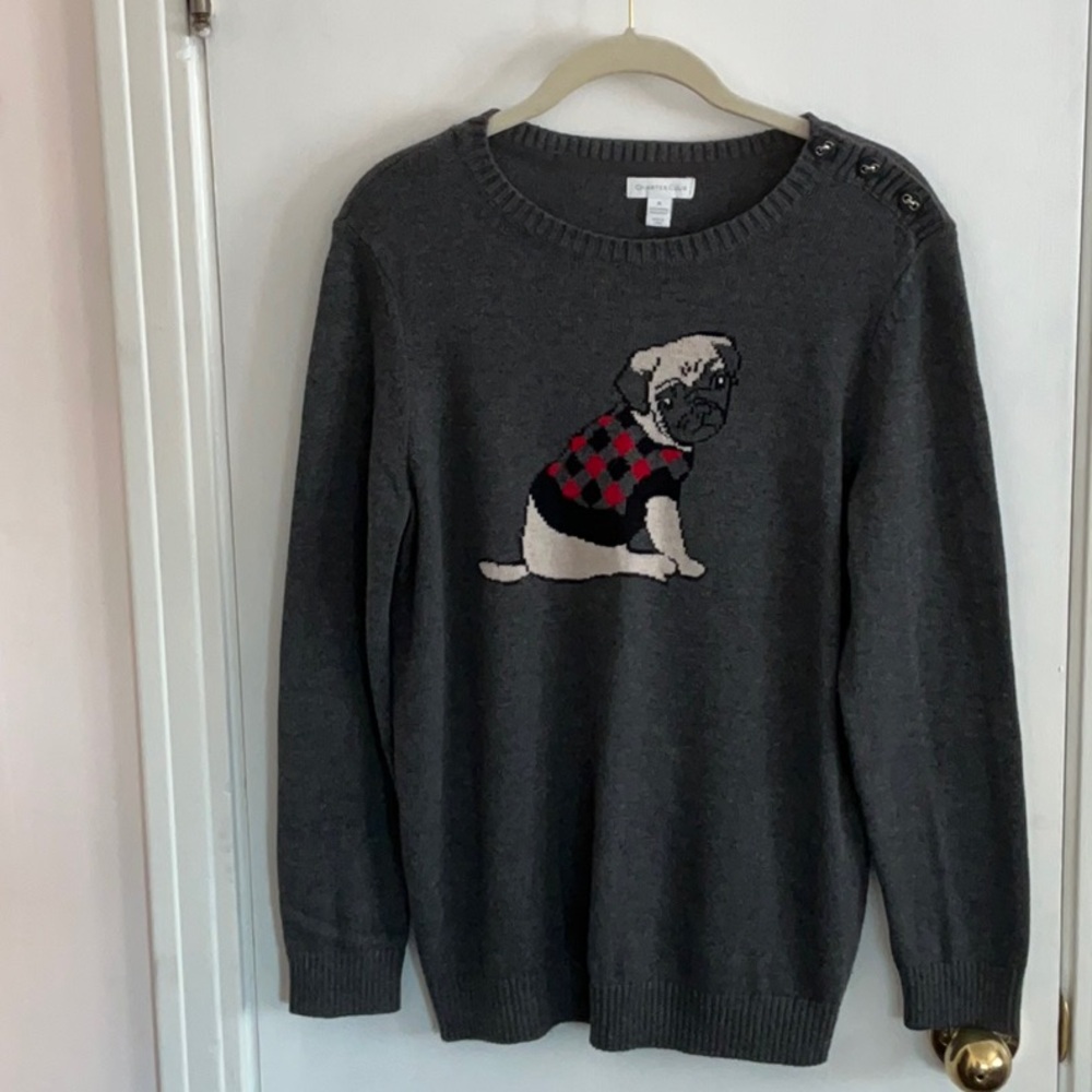 Charter Club Cotton Blend Gray Sweater with Pug Motif Medium